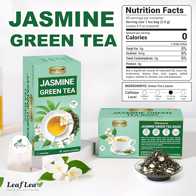 LeafLea 80 Jasmine Green Tea Bags Green Tea with Natural Jasmine Aroma Light Focus &amp Daily Balance Delicate Floral and Smooth Taste Caffeinated Sugar-Free Non-GMO Vegan Individually Wrappe