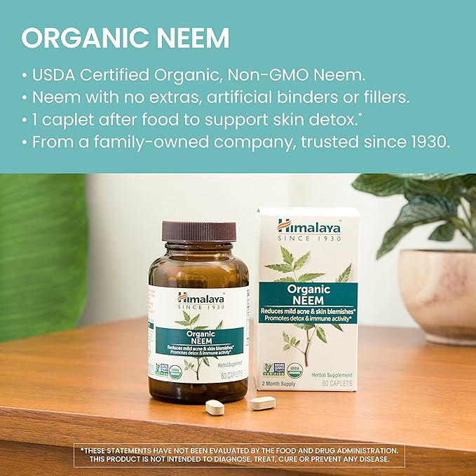 Himalaya Organic Neem 60 Day Supply - Herbal Acne Supplements Supporting Clear Skin and Detox - USDA Organic Vegan Non-GMO Gluten Free 600 mg 60 Caplets
