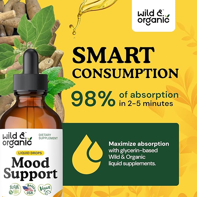Wild &amp Organic Mood Support Supplement - Natural Liquid Drops for Positive Energy - Calm Mind Supplement for Women and Men - Non-Alcohol Ashwagandha &amp Rhodiola Rosea Root Tincture for Good Moo