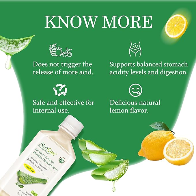 AloeCure USDA Organic Aloe Vera Juice Lemon Flavor - Made Within 12 Hours of Harvest - Natural Digestive Supplement for Balanced Stomach Acidity - Support Digestive and Immune Health 2 Btls x 16.7oz