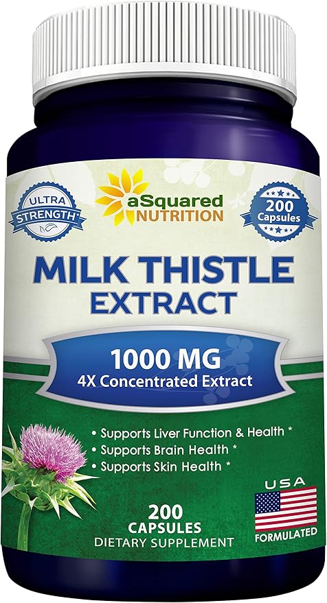 aSquared Nutrition Milk Thistle Supplement 1000mg-200 CapsulesMax Strength 4X Concentrated Extract 4:1 Milk Thistle Seed Powder Herb Pills 1000 mg Silymarin Extract for Liver Support Cleanse Detox