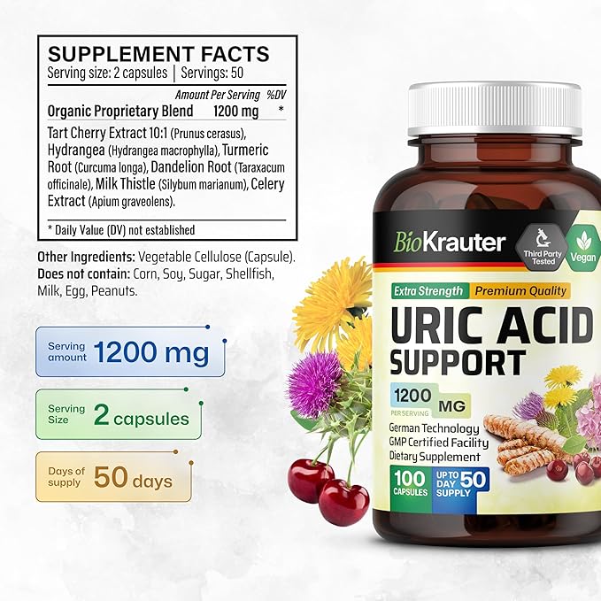 BIO KRAUTER® 7-in-1 Uric Acid Support Supplement with Tart Cherry Dandelion Root Cranberry &amp Celery Seed – Herbal Kidney Support with Milk Thistle &amp Turmeric 1200 mg 100 Capsules 50-Day Su