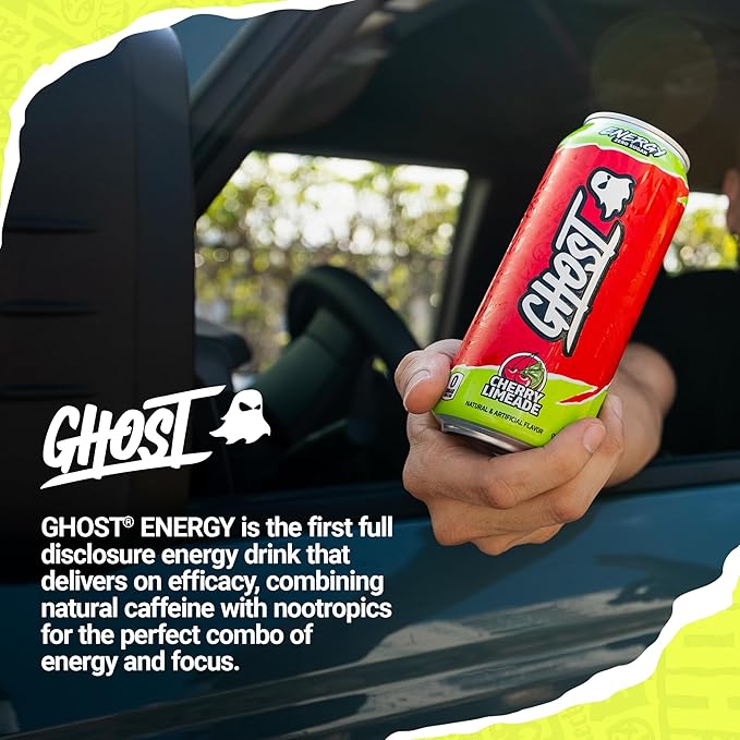 GHOST Energy Drink - 12-Pack Cherry Limeade 16oz - Energy &amp Focus &amp No Artificial Colors - 200mg of Natural Caffeine L-Carnitine &amp Taurine - Gluten-Free &amp Vegan