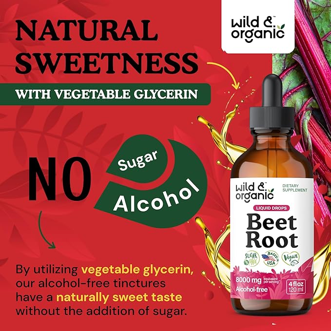 Wild &amp Organic Beet Root Extract Drops - 8000 mg Fresh Beetroot Extract Equivalent - Extract 20:1 - Liquid Red Beets Supplements - 400 mg per Serving - Vegan Alcohol &amp Sugar-Free - 4 fl oz