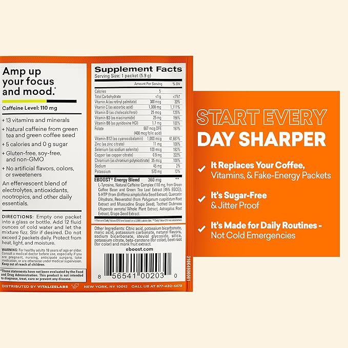 EBOOST Super Powder Drink Mix - Orange 0.2 oz 20 Pack Hydration Energizer Electrolytes Powder - 13 Vitamins &amp Minerals - 110 mg Caffeine - 0 Added Sugar - No Artificial Flavors or Sweeteners