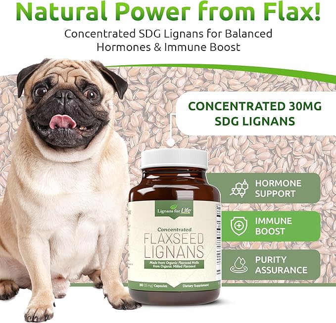 Lignans For Life Flaxseed Lignans for Dogs &amp People + SDG - Omega 3 Fatty Acids High Fiber Antioxidants - Improve Shiny Coat Digestive &amp Heart Health for Dogs 15mg 180 Flaxseed Capsules 1