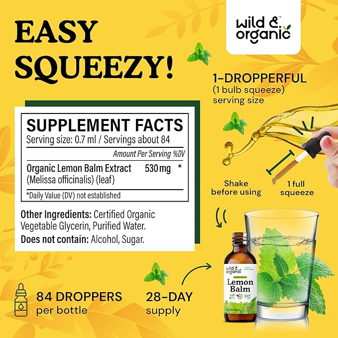 Wild &amp Organic Lemon Balm Drops - Relaxing Lemon Balm Leaf Extract Supplement - Calming Melissa Officinalis Tincture - Vegan Sugar &amp Alcohol-Free - 2 fl oz