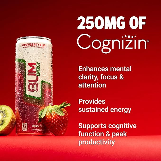 BUM Sugar-Free Energy Drink Strawberry Kiwi - Lightly Carbonated and Gluten Free with 112mg of Natural Caffeine &amp Nootropics for Energy &amp Focus Brain Boost Preworkout - 12 Fl Oz Pack of 12