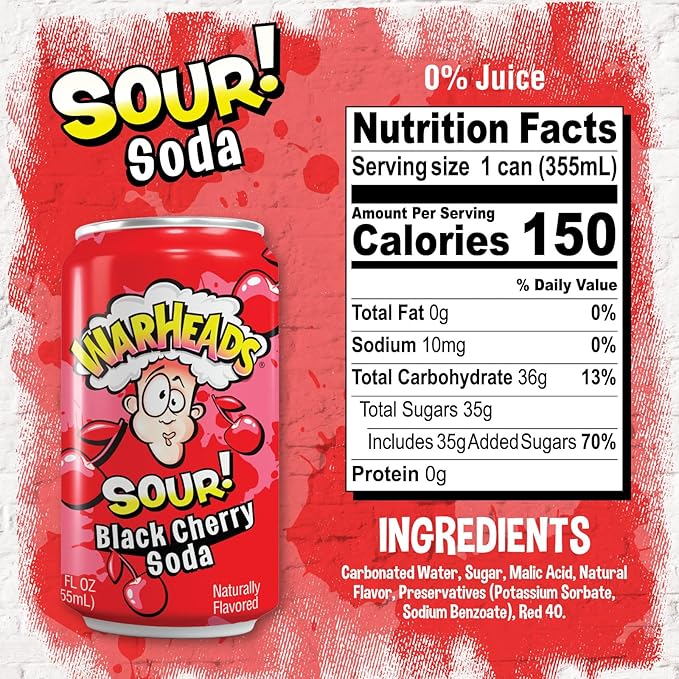 Sour Fruity Soda with Classic Warheads Flavors – Perfectly Balanced Sweet and Sour Soda - Warheads Candy Throwback Treat Soda Cocktail Mixer Pack of 12 12oz Cans (Black Cherry)