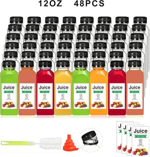 48pcs 12oz Plastic bottles with lids juice bottles with caps Reusable containers and Clear beverage for milk Smoothies juice