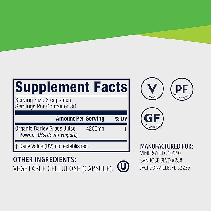 Vimergy Barley Grass Juice Capsules– Clean Superfood-Packed Capsule – Promotes Cardiovascular Health* – Non-GMO Vegan &amp Gluten-Free – 240 caps