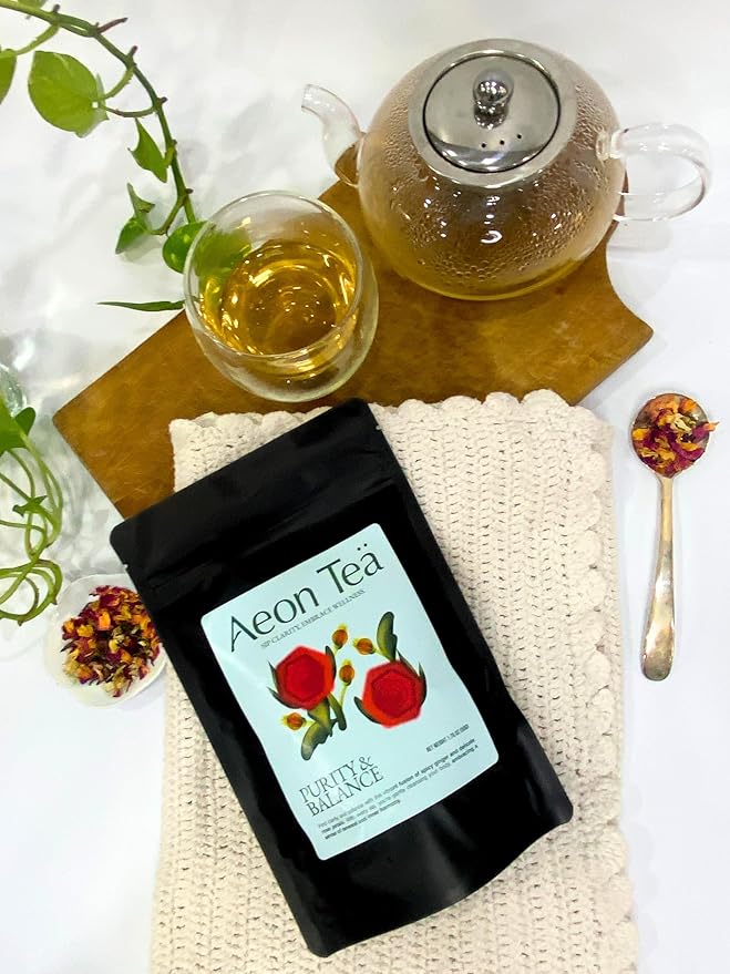 Aeon Teä Purity &amp Balance Organic Herbal Tea Bags (25 Count) - Gentle Detox Blend with Rose Petals and Rose Hips for Digestive Wellness Caffeine-Free Individually Wrapped