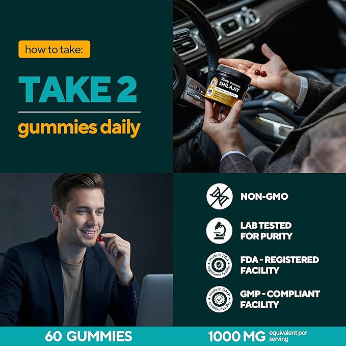 Himalayan Shilajit Gummies for Men &amp Women – Sugar-Free Shilajit Gummies with Fulvic Acid – Pure Energy Immune &amp Healthy Aging Support – 60 Gummies