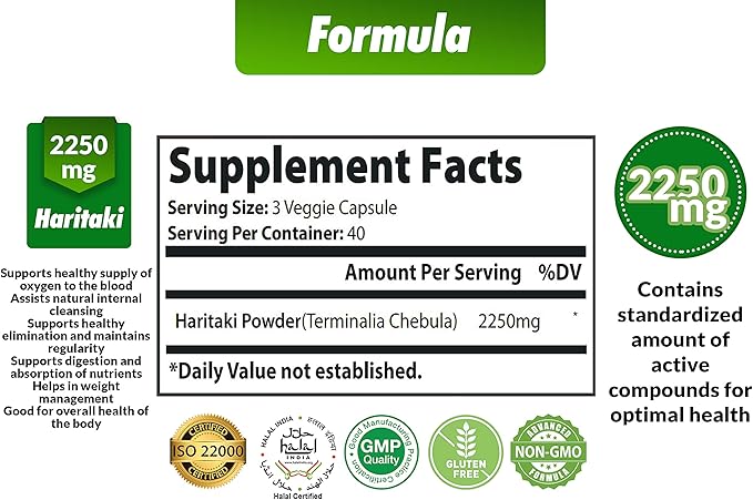 Organic India Haritaki Capsules 2250MG Rejuvenation Improving Digestion Maintains Regularity | Non-GMO Vegan Gluten-Free Herbs and Supplements 120 Caps