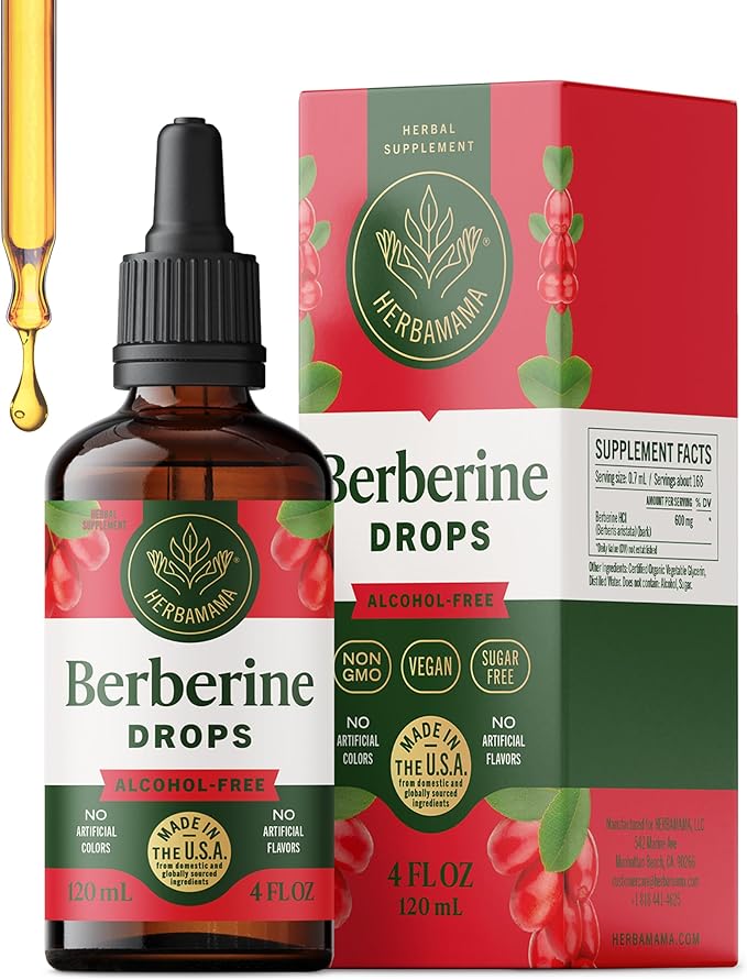 HERBAMAMA Berberine Liquid Drops - Vegan Antioxidant &amp Overall Support with Berberine HCL 500mg Extract Tincture - Non-GMO Alcohol &amp Sugar-Free Supplement 84-Day Supply