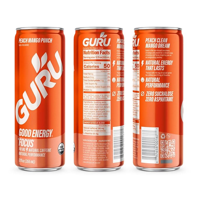 GURU Peach Mango Punch Organic Energy Drinks Clean Energy Drink with Plant Based Natural Caffeine from Green Tea + Focus with L Theanine Gluten Free and Vegan 140MG Caffeine 12oz (Pack of 12)