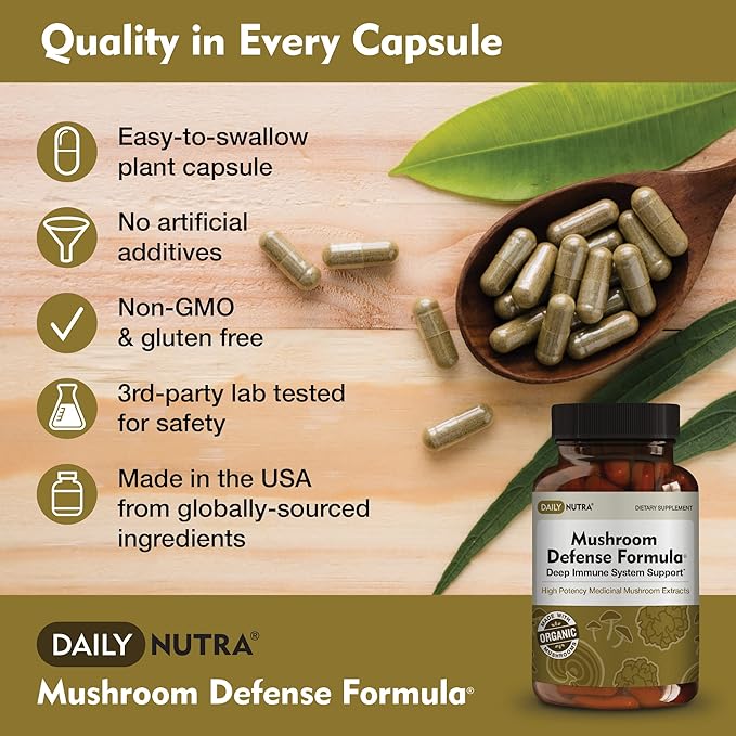 DailyNutra Mushroom Defense Formula - Immune Support Supplement | Organic Mushrooms Hot Water Extracted - Reishi Chaga Maitake Shiitake &amp Turkey Tail (90 Capsules)