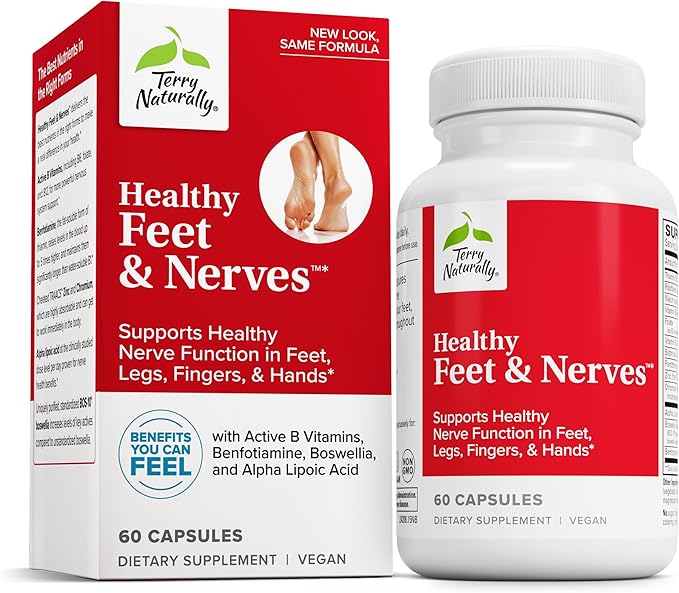 Terry Naturally Healthy Feet &amp Nerves - 60 Vegan Capsules - Nerve Function Support Supplement - Contains B Vitamins Alpha-Lipoic Acid (ALA) &amp Boswellia - Non-GMO Gluten Free - 30 Servings