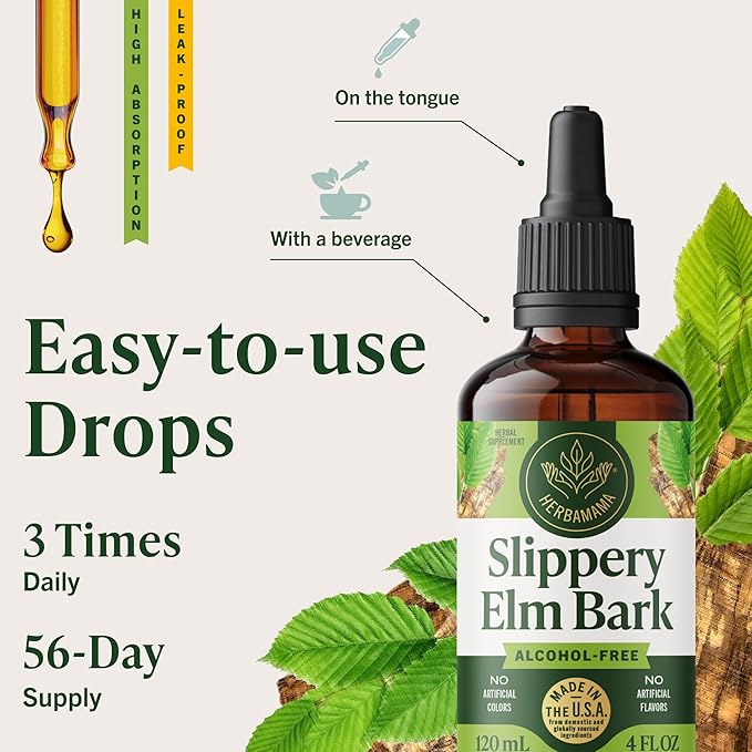 HERBAMAMA Slippery Elm Liquid Drops - Vegan Respiratory &amp Digestive Support with Slippery Elm Bark Extract - Non-GMO Alcohol &amp Sugar-Free Supplement Tincture 56-Day Supply