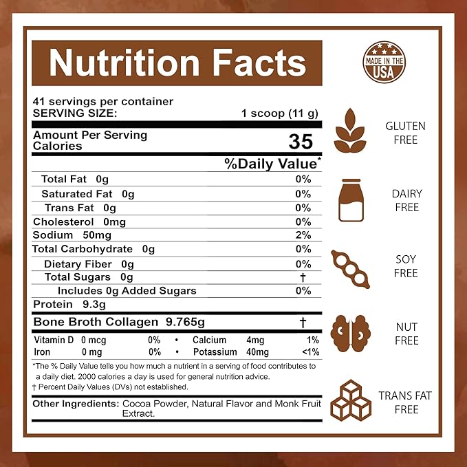 Zammex Bone Broth Protein Powder Pure Grass Fed Beef Chocolate Protein PowderHydrolyzed Collagen Supplement for Healthy SkinNailsHairJoints Non-GMOGluten Free Great in Shakes