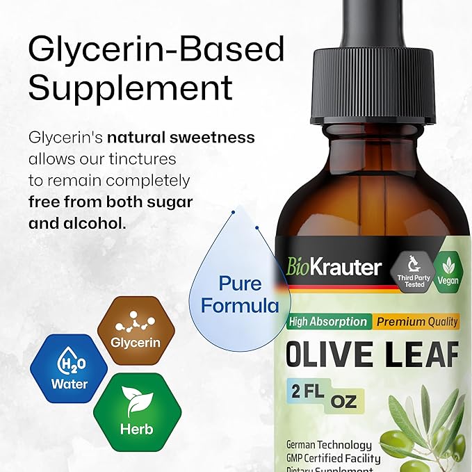 BIO KRAUTER® Olive Leaf Extract for Immune Support - Pure Vegan Oleuropein &amp Hydroxytyrosol Supplement - Used for Daily Wellness &amp Antioxidant Support - Alcohol &amp Sugar Free 2 Fl.Oz 28-Da