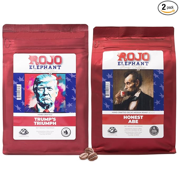 Rojo Elephant Handcrafted Ground Coffee 100% Arabica Beans 11 0z Bags Pack of 2 Trump's Triumph Honest Abe Decaf Excellence Pack