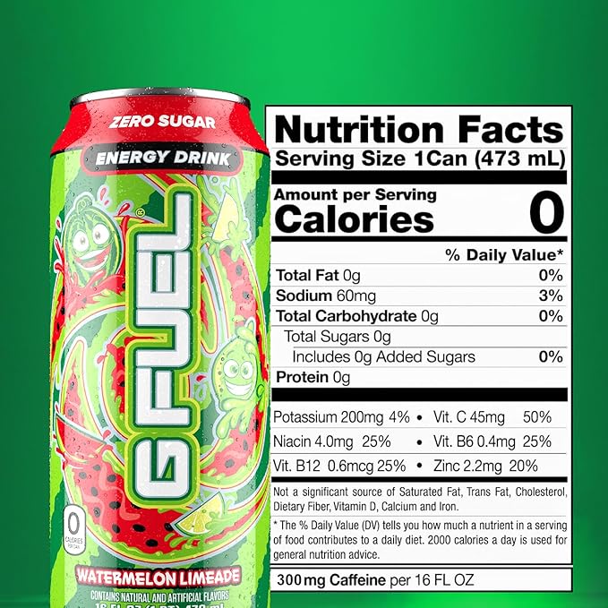 G Fuel Energy Drink Watermelon Sugar Free Beverage with 300mg Caffeine Daily Energy Boost with Focus Amino Vitamin + Antioxidants 16 oz Cans (Watermelon Limeade 12-Pack)