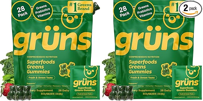 Gruns Adult Super Greens Multivitamin Gummies Superfood Gummy Vitamins for Women and Men with Spirulina Chlorella Adaptogens &amp Prebiotic Fiber for Digestive Health (28 Count) (Pack of 2)