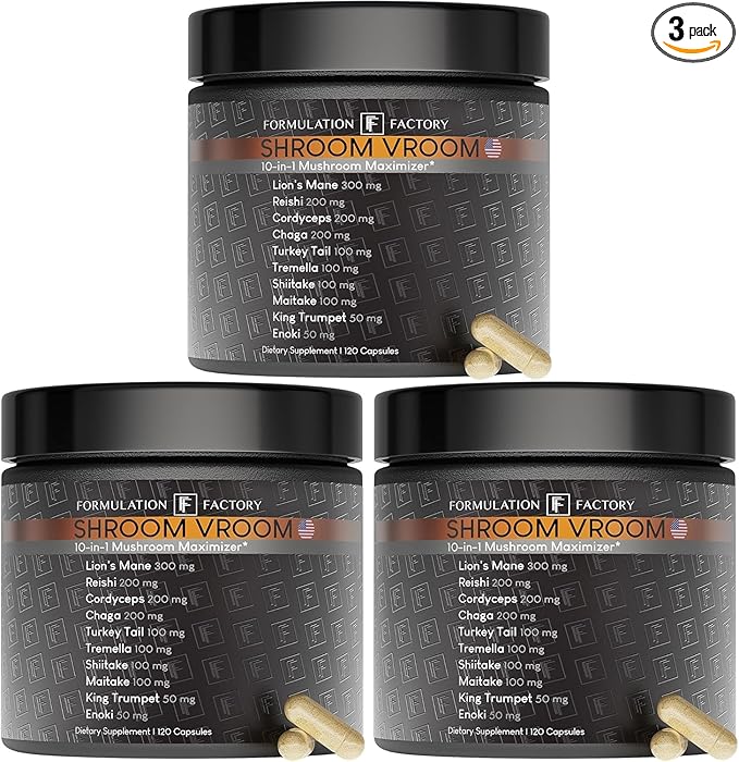 Shroom Vroom: 10-in-1 Mushroom Supplement Lion’s Mane Reishi Cordyceps Chaga Turkey Tail Tremella Shiitake Maitake King Trumpet &amp Enoki Brain Boost Immune Support (360 count Pack of 3)