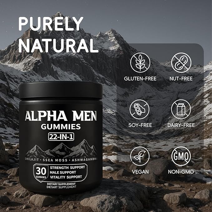 Alpha Gummies for Men with Shilajit Sea Moss Ashwagandha Manuka Honey + 22 in 1 Ingredients All Natural Support Overall Health &amp Wellness Advanced Formula 30 Gummies (1)