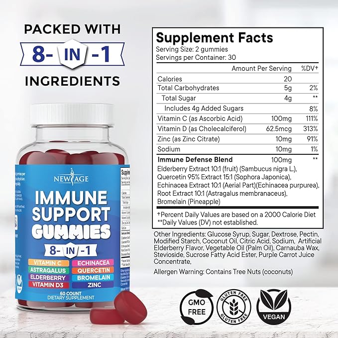 NEW AGE 8 in 1 Immune Support Booster Supplement with Elderberry Vitamin C and Zinc 50mg Vitamin D 5000 IU Quercetin &amp Bromelain (8 in 1 Gummies (Pack of 1))