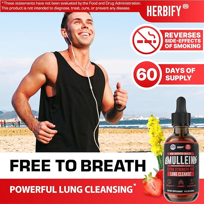 HERBIFY Mullein Drops - Lung Cleanse - Leaf Extract - Powerful Mullein for Immune Support Detox &amp Respiratory Support - Made in USA - 4 Oz Strawberry Flavor
