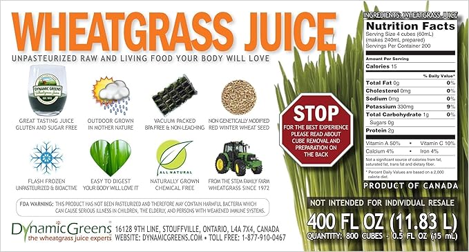 100% Wheatgrass Juice – Field-Grown Flash-Frozen Unpasteurized – 400 fl oz (800 x 0.5 fl oz Portions) – Dynamic Greens