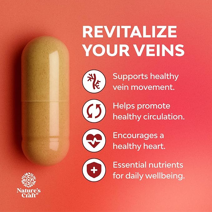 Natures Craft Vein Support Supplement for Leg and Veins - Full Body Supplement for Spider &amp Varicose Veins and Improved Flow with Horse Chestnut Extract - Vegan Non-GMO Capsules - 120 Count