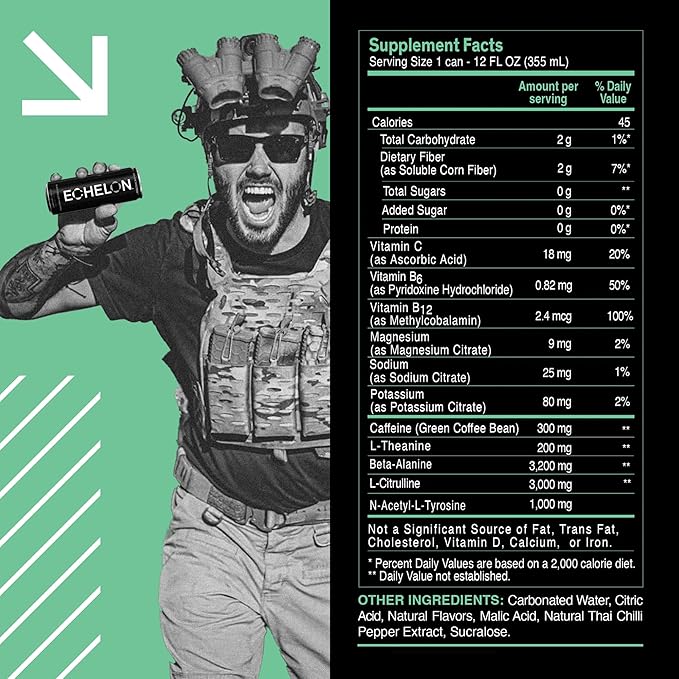 Echelon Pre-Workout Energy Drink | Watermelon Thai Chili | 12 Pack | Sustained Energy Focus and Endurance Dietary Supplement | 300mg of Caffeine | Beta-Alanine L-Theanine &amp Fiber | Vegan