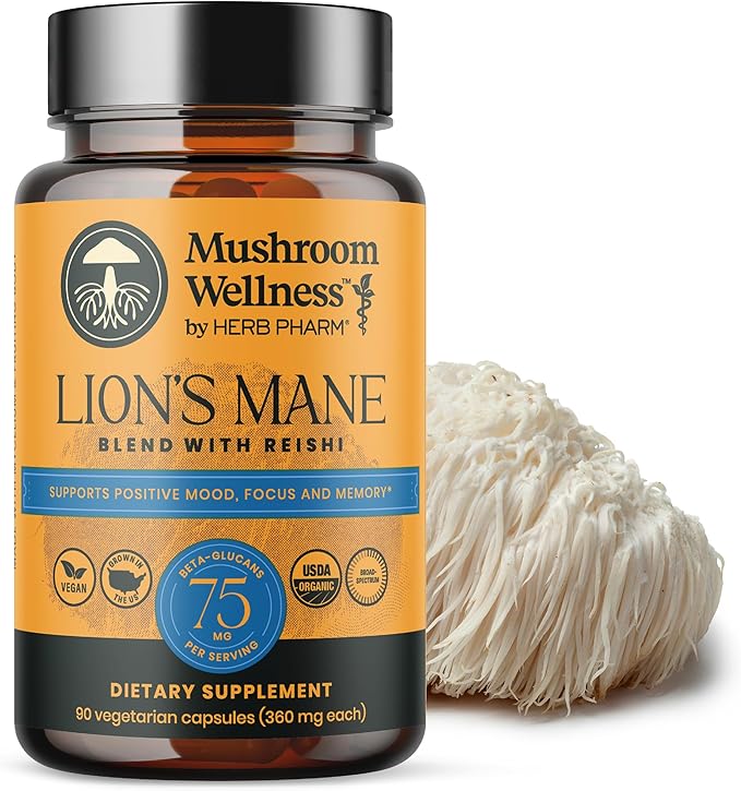 Mushroom Wellness Lion’s Mane Blend with Reishi: Organic Lion's Mane &amp Reishi Mushroom Capsules Mushroom Powder Supplement Supports Cognitive Health Memory and Mental Focus 90 Vegan Capsules