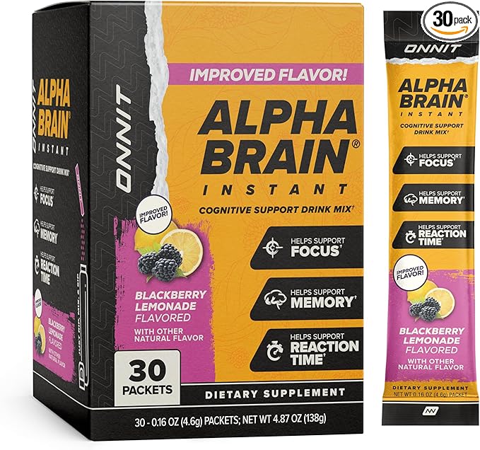 ONNIT Alpha Brain Instant Cognitive Support Drink Mix BlackBerry Lemonade Flavor Nootropic Supplement for Focus Memory and Clarity 0.13 oz Packets 30 Count