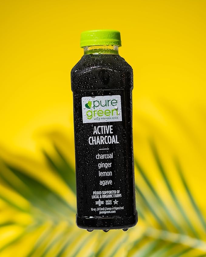 Pure Green Cold Pressed Juice - Active Charcoal - Fresh Functional Blend with Charcoal Ginger Lemon Agave - Natural Gluten Free Non-GMO No Artificial Colors or Flavors - Made from Real Fruits &a