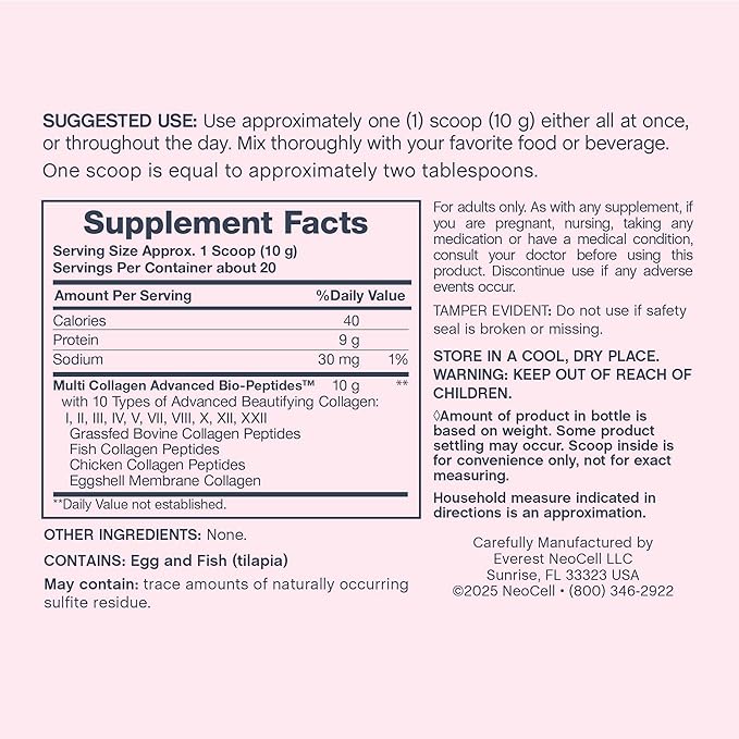 NeoCell Multi Collagen Peptides Powder | 7 oz | 10 Types of Advanced Bio-Peptides | Superior Absorption | Unflavored and Mixes Easily