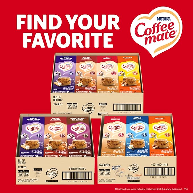 Nestle Coffee mate Creamer Singles Variety Pack Original French Vanilla Hazelnut Non Dairy No Refrigeration 150 Count (Pack of 3)