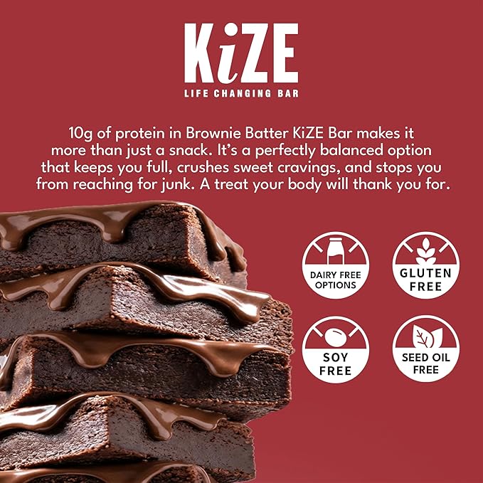 KiZE Energy Bars - Brownie Batter - 20-Count - Almond-Butter-Based Gluten Free Dairy Free Non-GMO and High Protein Meal Replacement Energy Bars Clean and Simple Food Ingredients - 10g High Protei