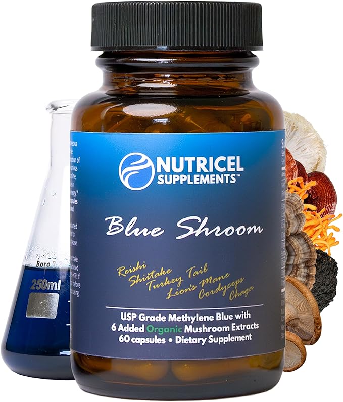 Methylene Blue Capsules with Mushroom Extracts: Lion's Mane Reishi Cordyceps Chaga Shiitake Turkey Tail - Trusted Made in America - 7mg (USP Grade) (60ct)