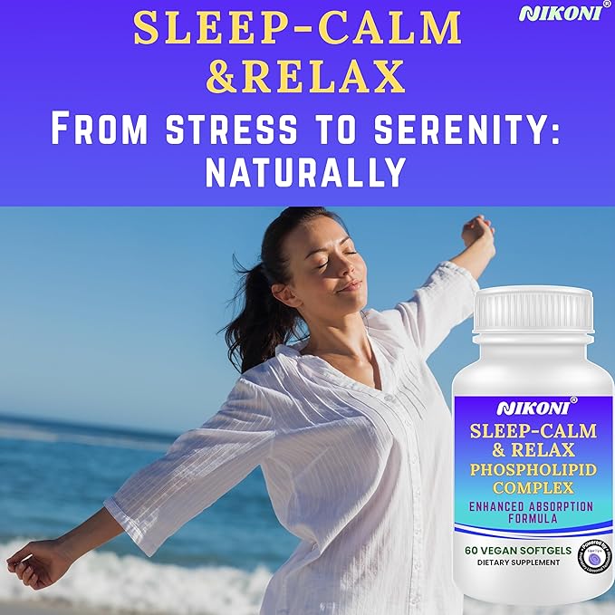 Nikoni Sleep‑Calm‑Relax – Phospholipid Complex with Melatonin L‑Theanine 5‑HTP &amp Herbal Extracts-60 Vegan Softgels