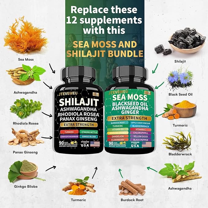 Shilajit and Sea Moss Bundle- 90 Count - Sea Moss Ashwagandha Shilajit Rhodiola Rosea &amp Ginger All in 1 Supplements