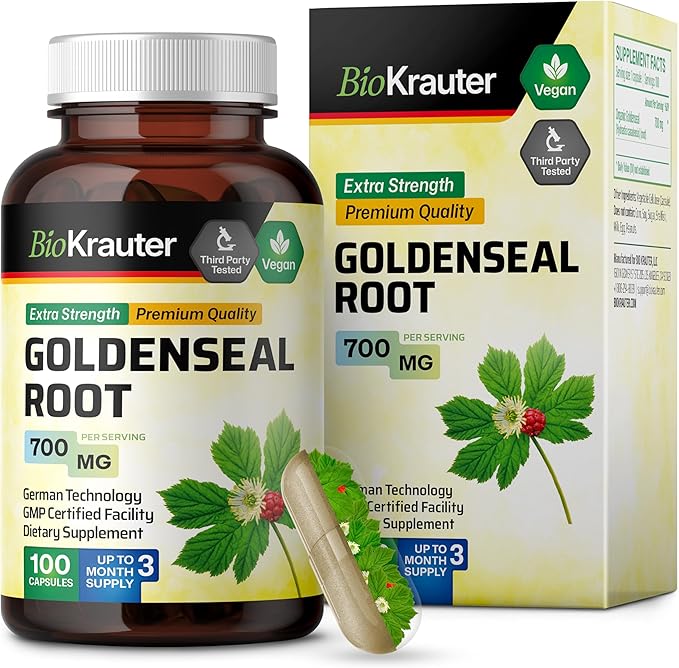 BIO KRAUTER® Goldenseal Root - Pure &amp Vegan Goldenseal Capsules 700mg/serving 100 Caps - Immune &amp Respiratory Support - Golden Seal Powder for Digestive Support - No Fillers Non-GMO 100-Days