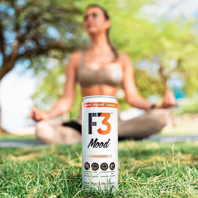 F3 Mood - Functional Sparkling Juice Drink with Powerful Nootropics to Reduce Stress BCAAs for Muscle Recovery and Chamomile &amp Valerian Root for Sleep - Caffeine Free (Orangesicle 12 Pack)