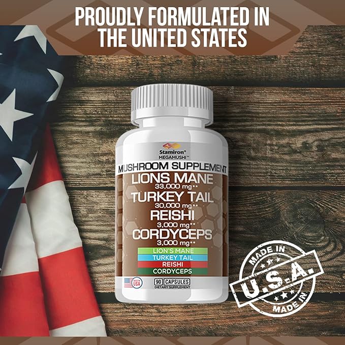 Stamiron Lions Mane Supplement Turkey Tail Mushroom Capsules with Cordyceps Extract &amp Reishi Mushrooms - Alt to Mushroom Gummies Mushroom Powder Mushroom Coffee - 90 Count