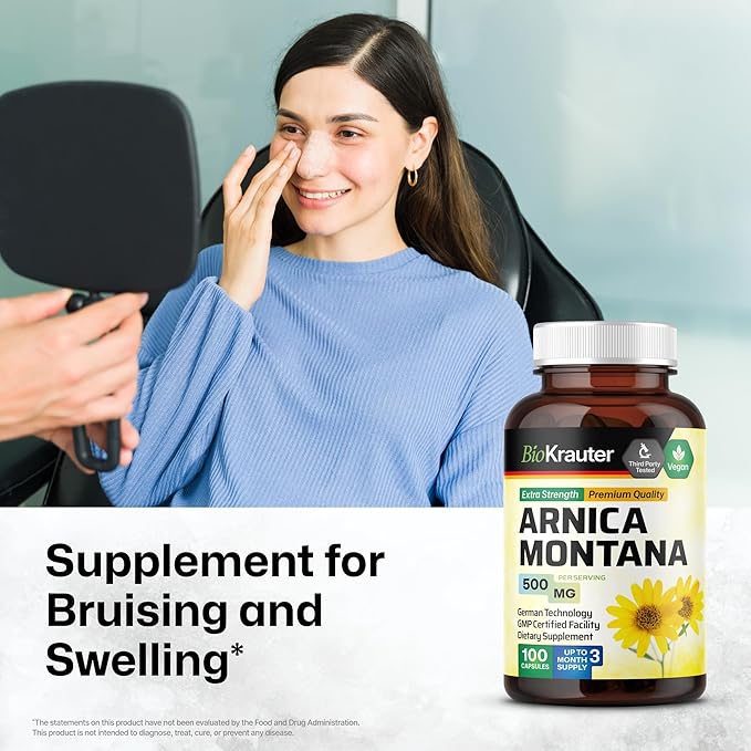BIO KRAUTER® Arnica Montana for Bruising and Swelling - Vegan &amp Pure Arnica Supplement in Capsules 500 mg per Serving 100 Caps - Used for Daily Wellness - No Fillers Non-GMO - 100 Days of Supply