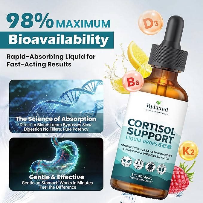 Cortisol Supplements for Women &amp Men 18 in 1 Stress &amp Mood Support Drops with Magnesium 480mg GABA Ashwagandha L-Theanine &amp Phosphatidylserine for Relaxation &amp Sleep Lemon Raspbe