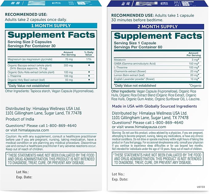 Himalaya Hello Calm Mind with Bacopa for Relaxation Focus and Concentration &amp Hello ZZZs with Melatonin for Sleep Support 60 Capsules Each - Bundle